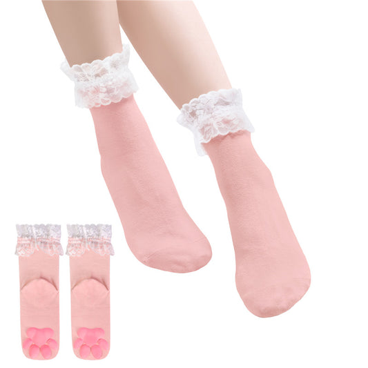 3D Paw Pad Lace Trim Cotton Frilly Ankle Socks