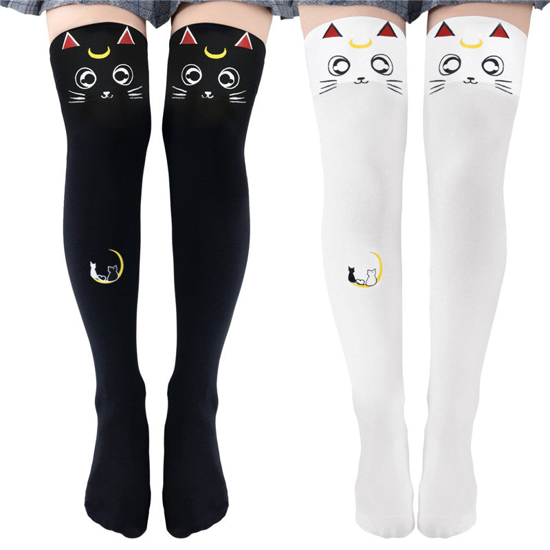 Little for Big Luna Moon Cat Print Thigh High Stockings
