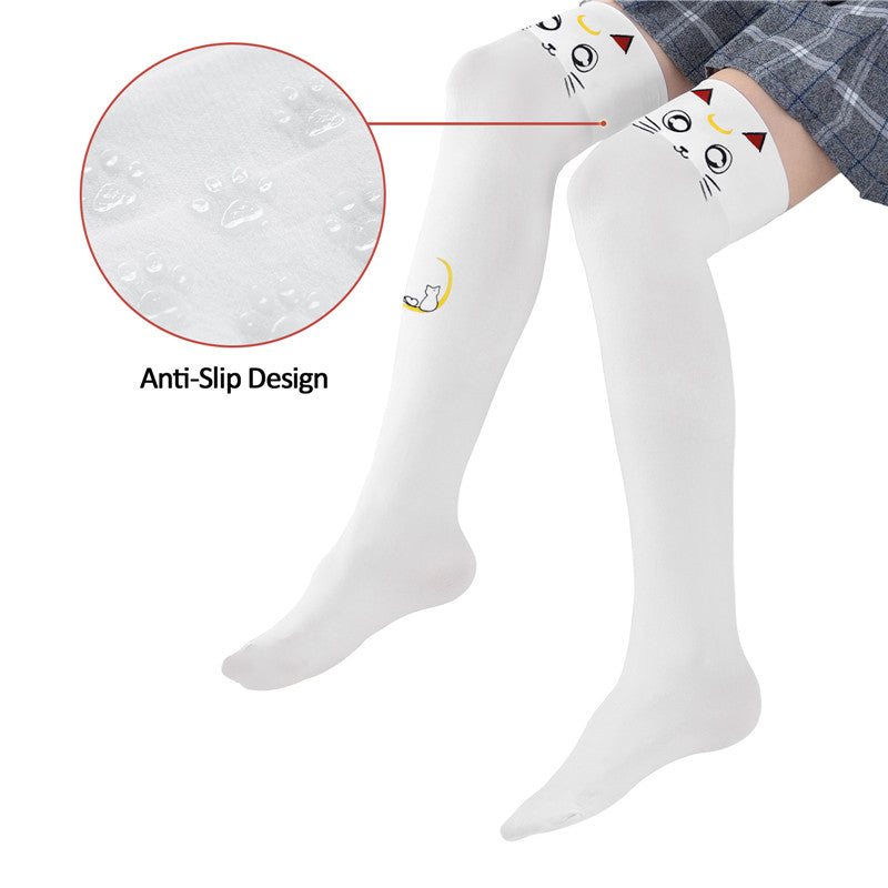 Little for Big Luna Moon Cat Print Thigh High Stockings