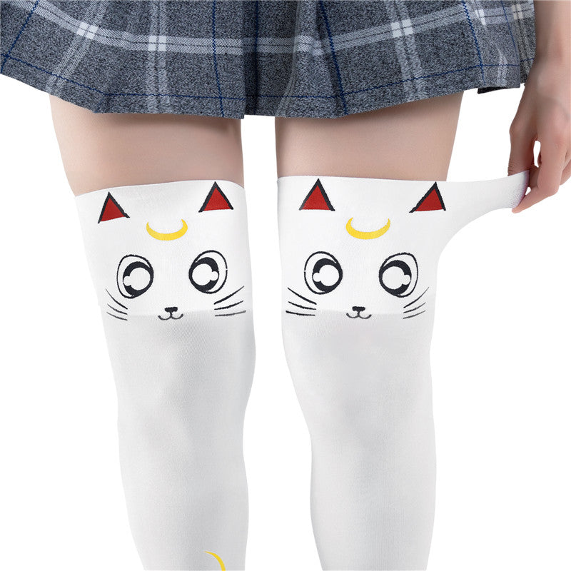 Little for Big Luna Moon Cat Print Thigh High Stockings