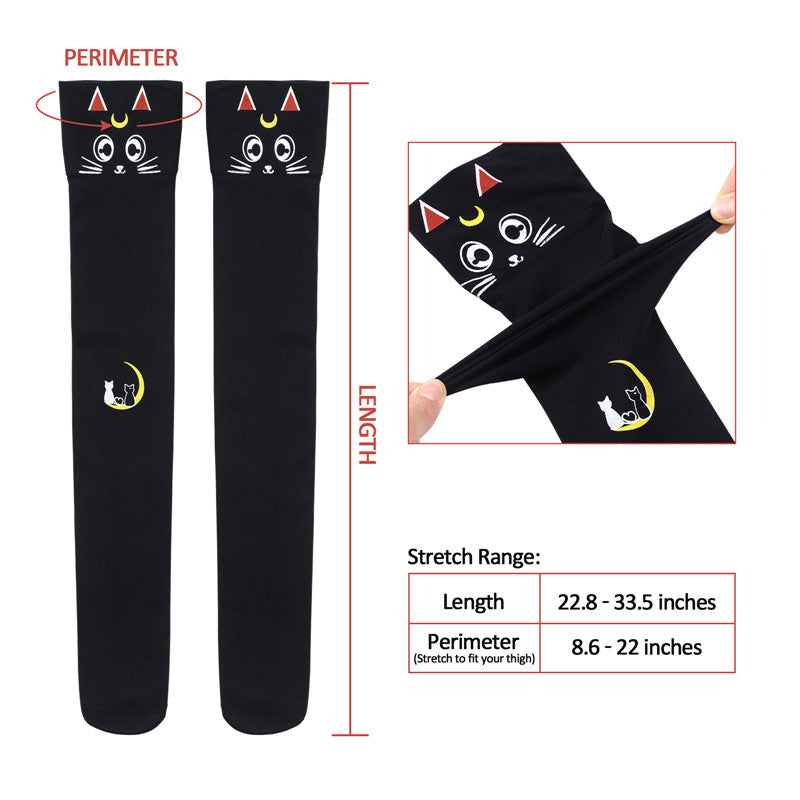 Little for Big Luna Moon Cat Print Thigh High Stockings