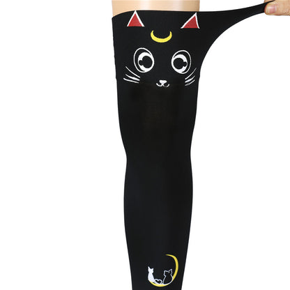 Little for Big Luna Moon Cat Print Thigh High Stockings