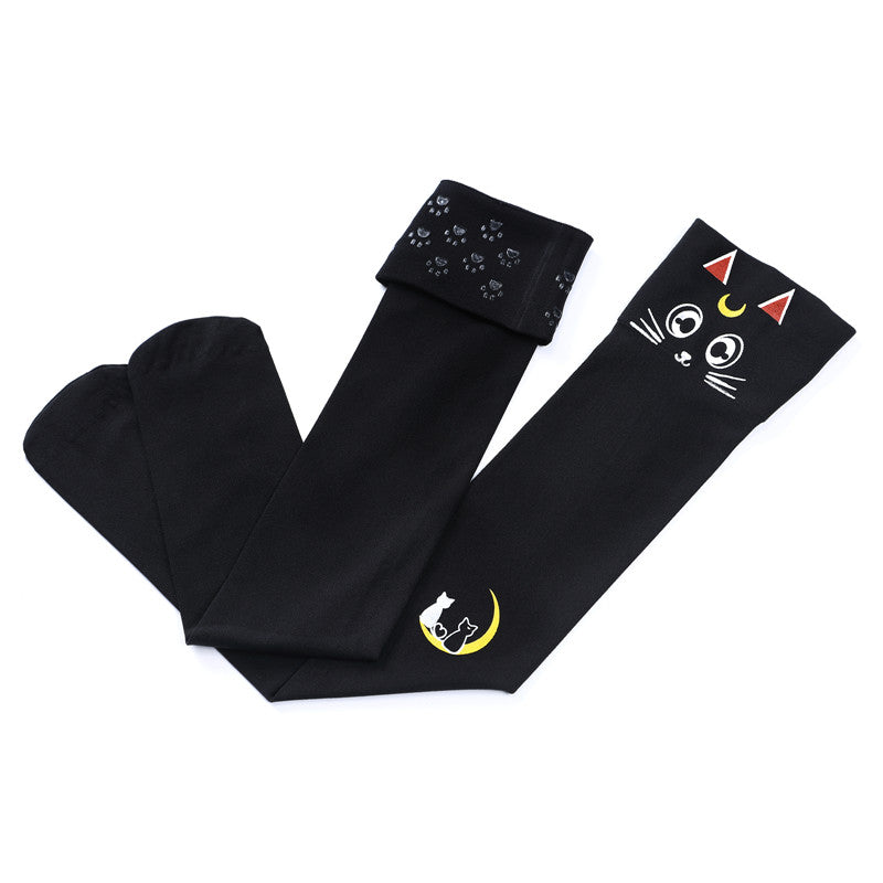 Little for Big Luna Moon Cat Print Thigh High Stockings
