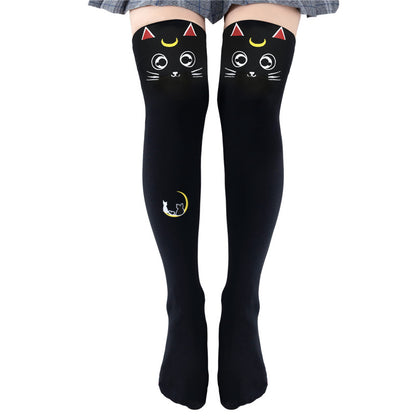 Little for Big Luna Moon Cat Print Thigh High Stockings