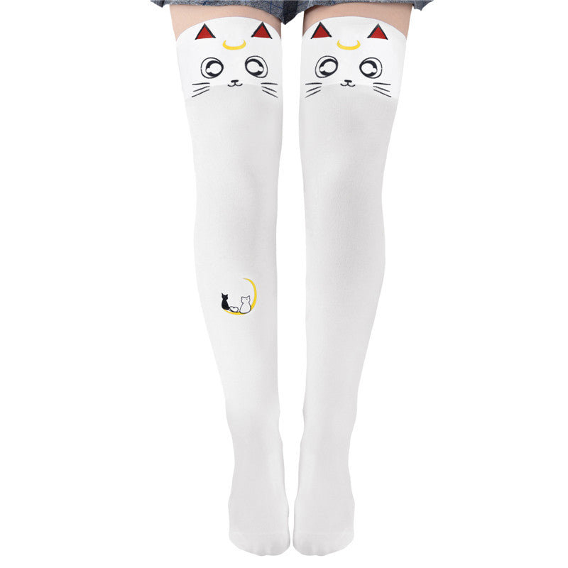 Little for Big Luna Moon Cat Print Thigh High Stockings