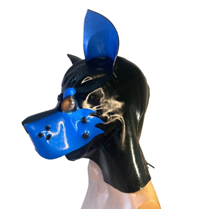 The left side of the Blue and Black Large Latex Doggy Hood with furry cheeks.