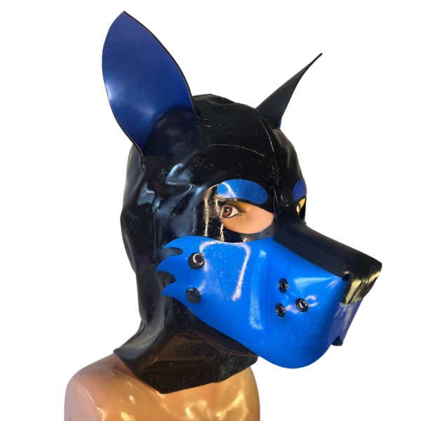 The front and right side of the Blue and Black Large Latex Doggy Hood with furry cheeks.