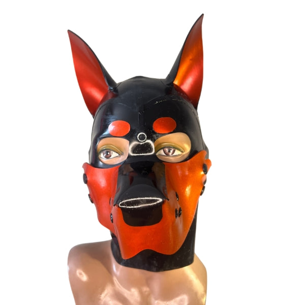 The front of the Black and Red Medium Latex Doggy Hood with furry cheeks.