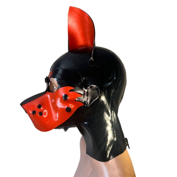 The left side view of the Black and Red Medium Latex Doggy Hood with furry cheeks.