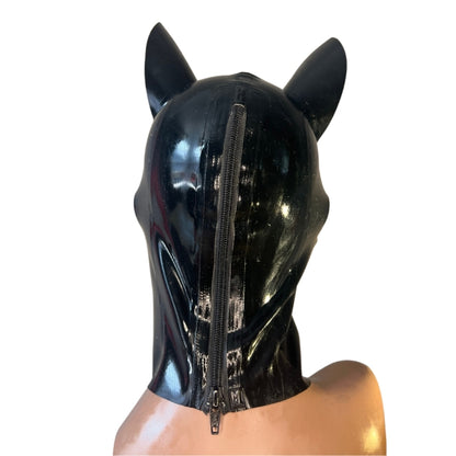 The Back zipper of Black and Red Latex Doggy Hood.