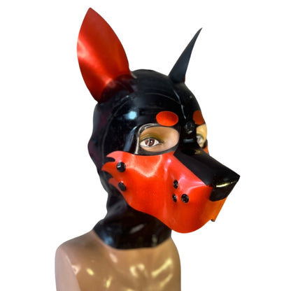 The front and right side of the Black and Red Medium Latex Doggy Hood with furry cheeks.