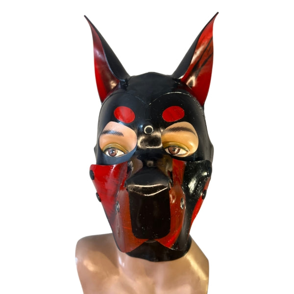 The front view of the red and black marble Latex Doggy Hood with a round cheeks muzzle.