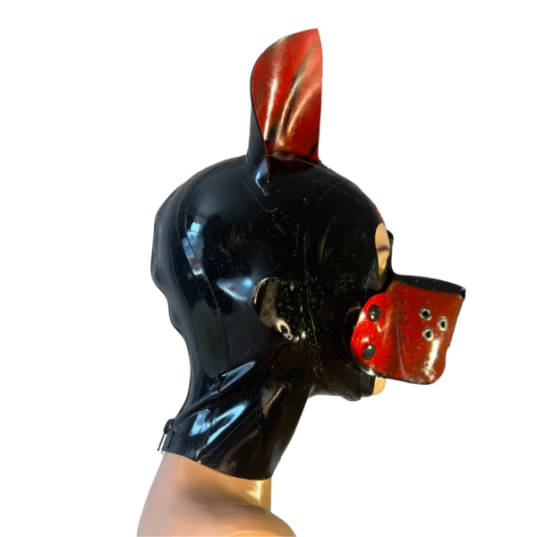 The Right side view of the red and black marble Latex Doggy Hood with a round cheeks muzzle.