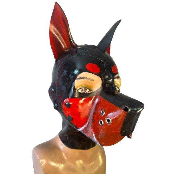 The Right/Front view of the red and black marble Latex Doggy Hood with a round cheeks muzzle.