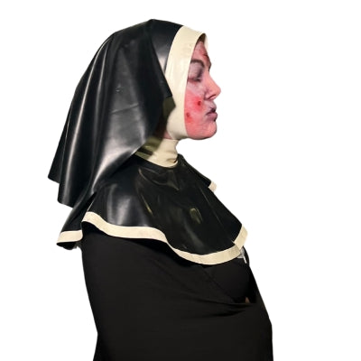 Model facing right wearing Filthy Hobbit Latex Nun Headgear