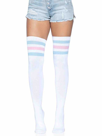 Model wearing the Trans Pride Over The Knee Athletic Socks with jean shorts.