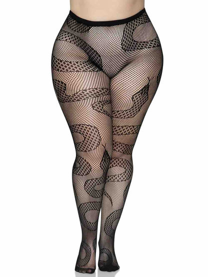 A plus size model wearing the Snake Net Tights over nude underwear, front view.