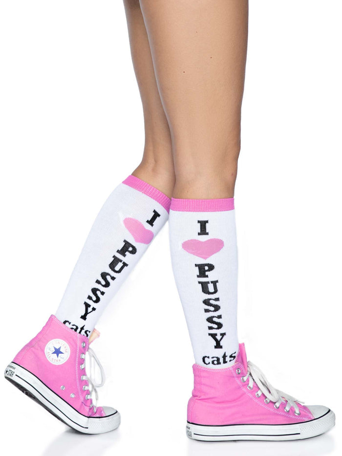 The Pussy Cat Socks on a model wearing pink high top sneakers, side view.