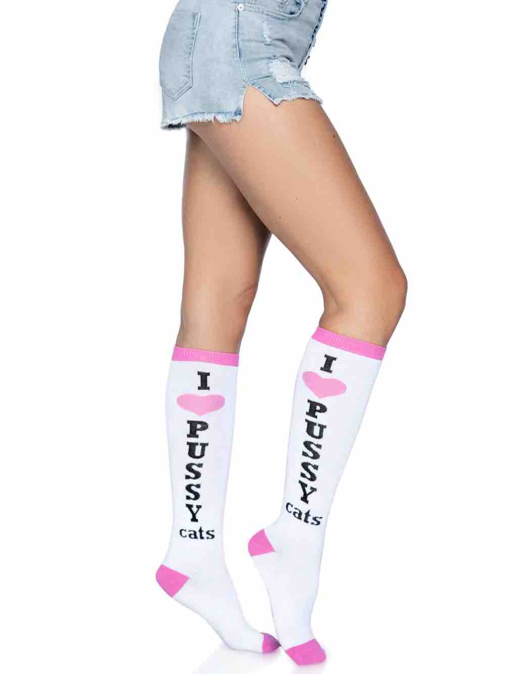 The Pussy Cat Socks on a model wearing jean shorts, side view.