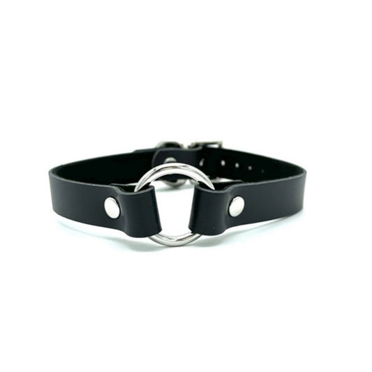 Black leather day collar with o-ring and buckle in back.
