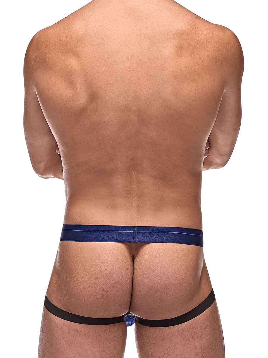 A model wearing the Diamond Mesh Jock Ring Navy, rear view.