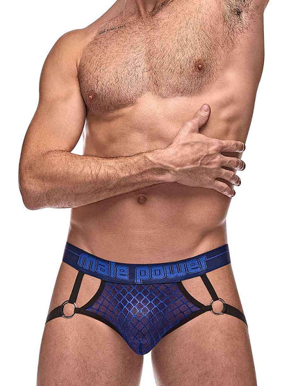 A model wearing the Diamond Mesh Jock Ring Navy, front view.