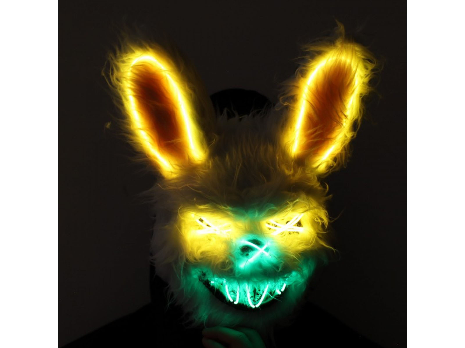 A yellow and green glowing Light Up Purge Bunny Mask.