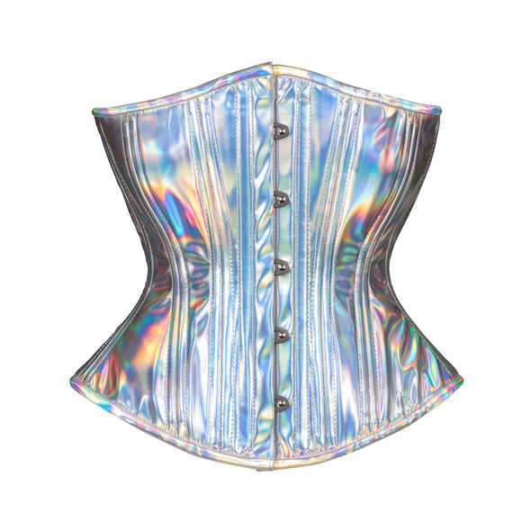 The Silver Holographic Vinyl Mid Length Underbust Corset- Hourglass, front view.