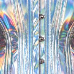 The Silver Holographic Vinyl Longline Overbust Corset fabric detail.