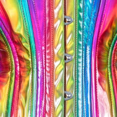 The Rainbow Holographic Vinyl Longline Overbust Corset fabric detail.