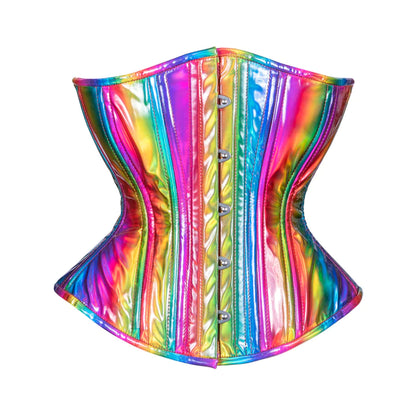 The Holographic Vinyl Mid Length Underbust Corset- Hourglass Silhouette, front view.