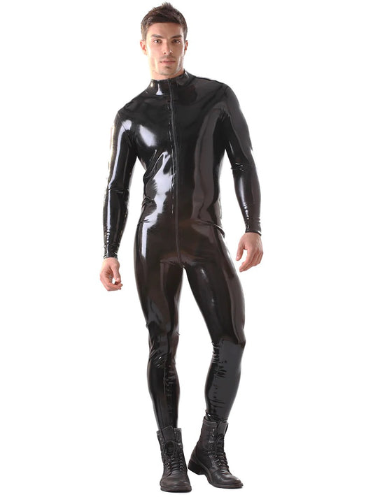 A model wearing the Masc Long Sleeve Latex Catsuit with black boots, front view.