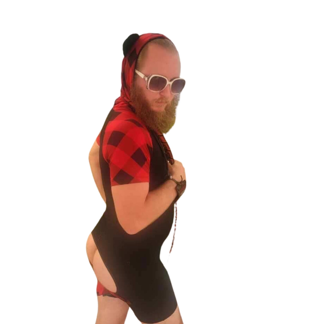 A model facing the right wearing the red with black Bear Plaid Bamboo Onesie with sunglasses on.