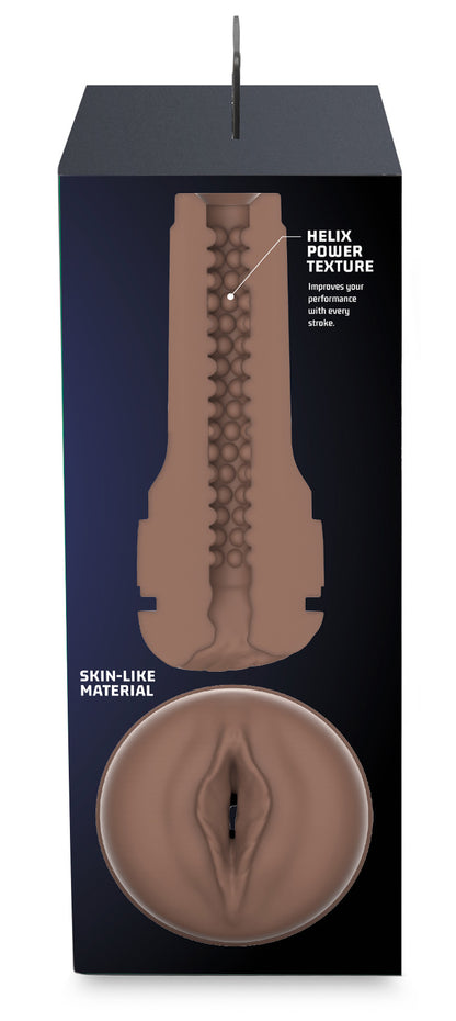 The left side of the packaging which shows a cross cut of the Mid Brown Vagina Kiiroo Feel Stroker.