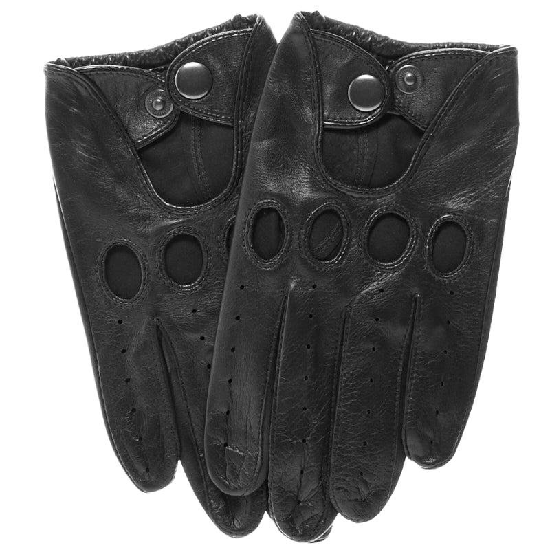 Black Momentum Leather Touchscreen Driving Gloves showing knuckle cutouts and snap closure