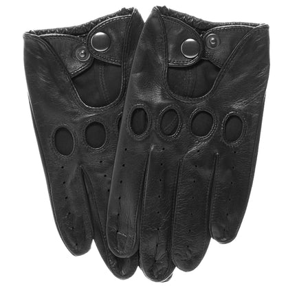 Black Momentum Leather Touchscreen Driving Gloves showing knuckle cutouts and snap closure