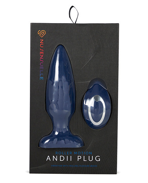 The front of the packaging for the navy blue Sensuelle Andii Roller Motion Vibrating Anal Plug..