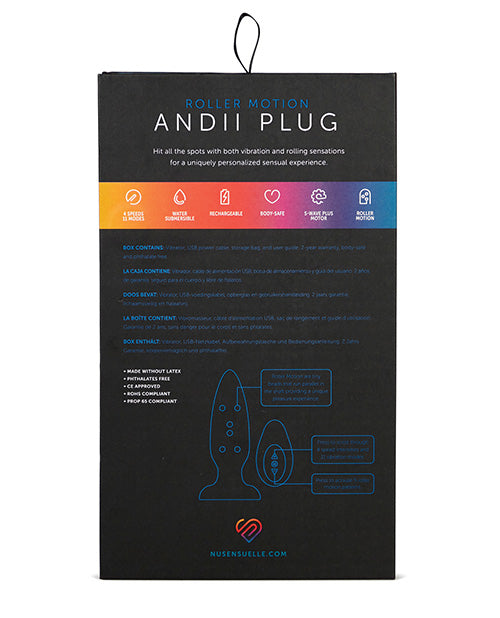 The back of the packaging for the navy blue Sensuelle Andii Roller Motion Vibrating Anal Plug..