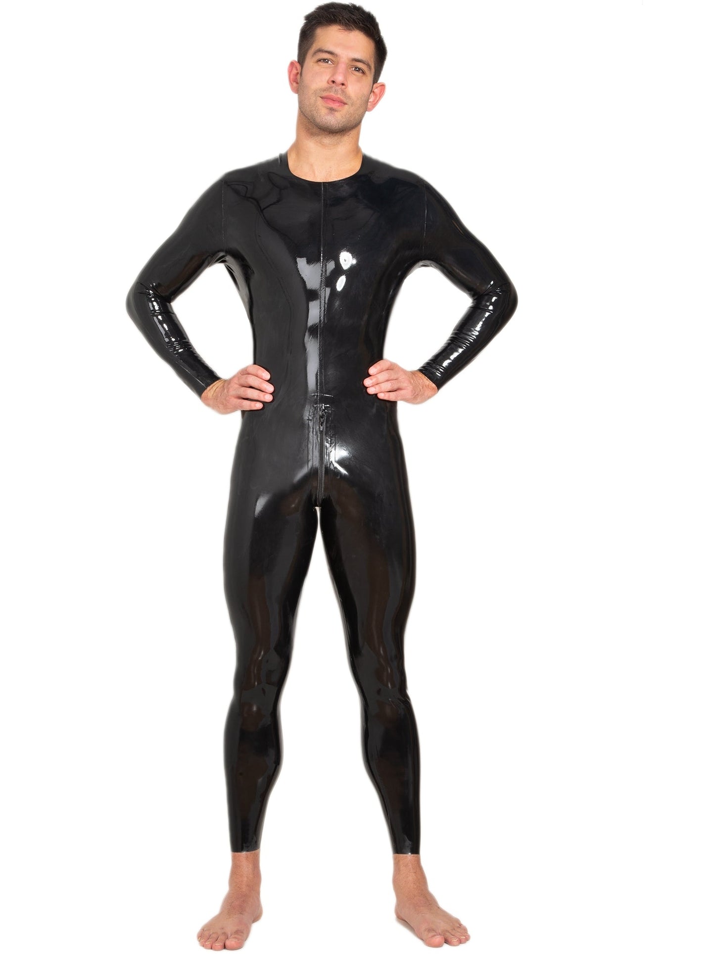 Black Neck Entry Latex Catsuit With Crotch Zip