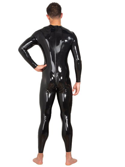 Black Neck Entry Latex Catsuit With Crotch Zip