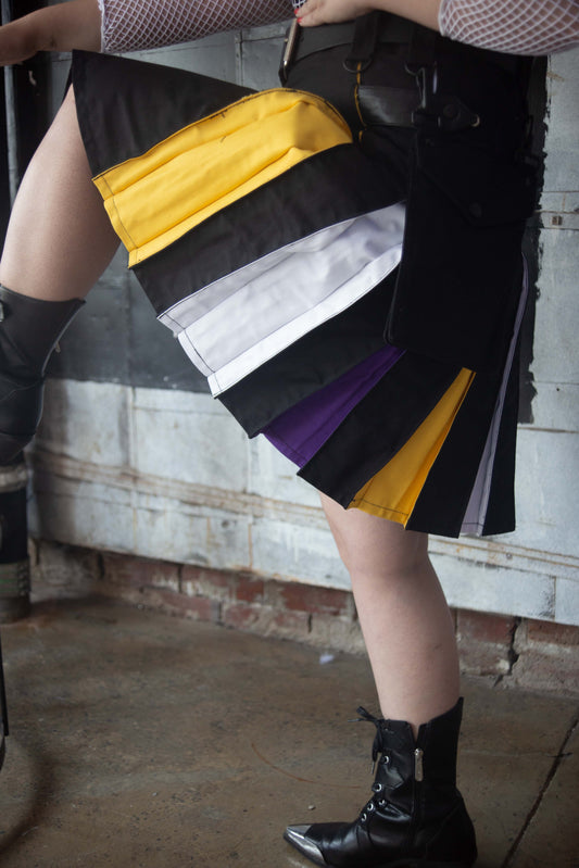 model with right leg up wearing Nonbinary pride flag Heritage Kilt