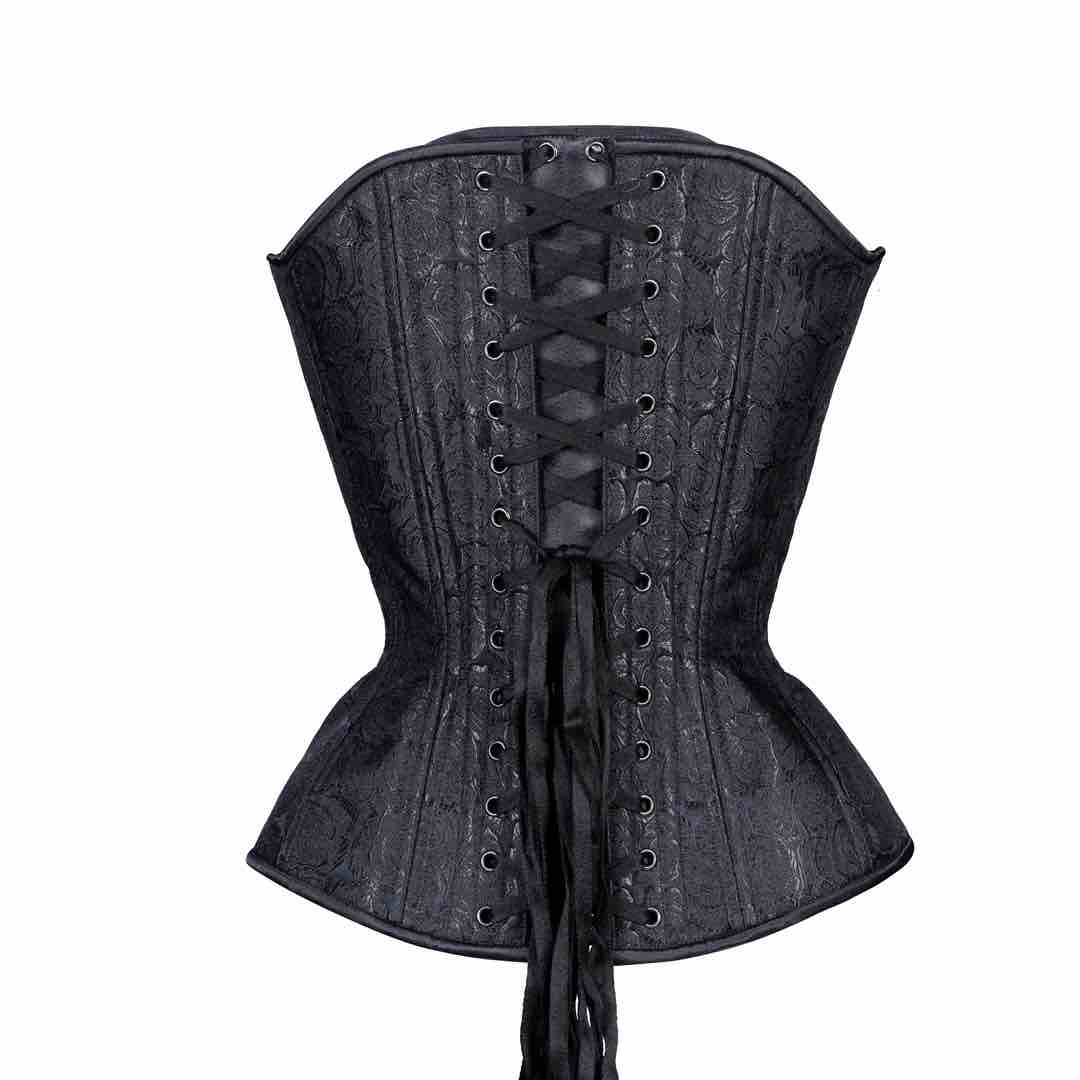 The Black Rose Brocade Longline Overbust Corset, rear view.