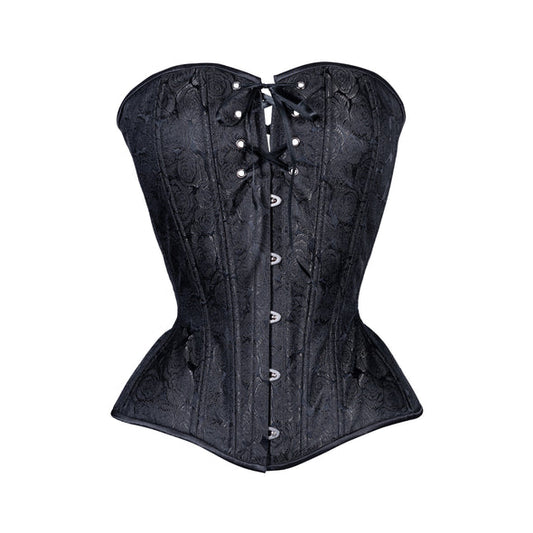 The Black Rose Brocade Longline Overbust Corset, front view.