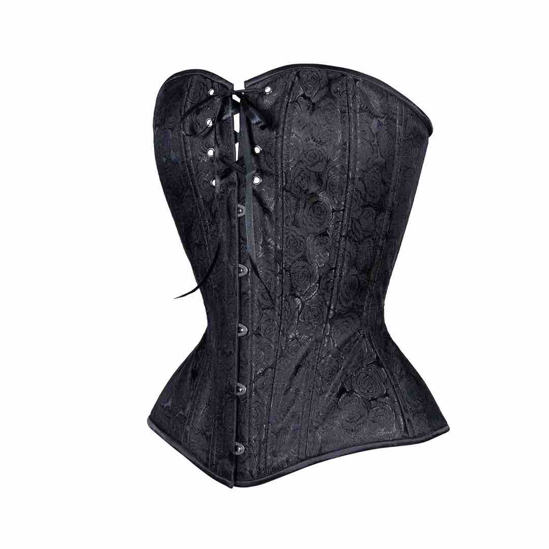 The Black Rose Brocade Longline Overbust Corset, front and left side view.
