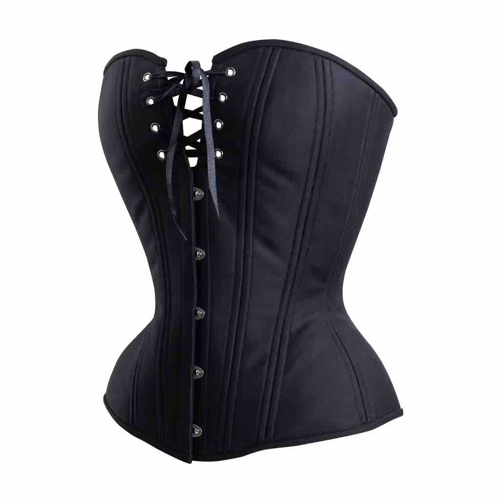 The Black Cotton Cashmere Longline Overbust Corset, front and right side view.