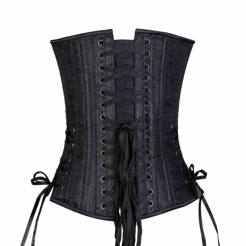 The Black Rose Brocade Short Overbust Corset in Slim Silhouette, rear view.