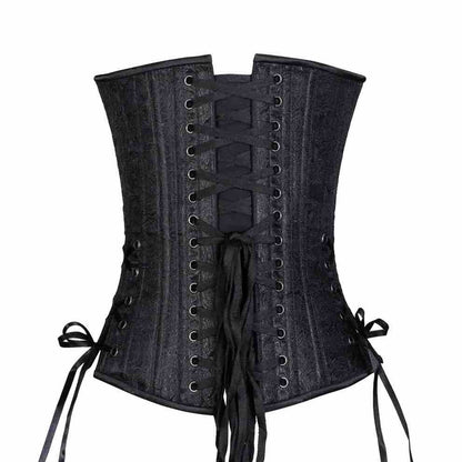The Black Rose Brocade Short Overbust Corset in Slim Silhouette, rear view.