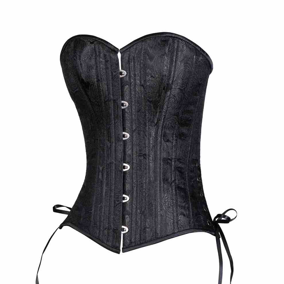The Black Rose Brocade Short Overbust Corset in Slim Silhouette, front and left side view.