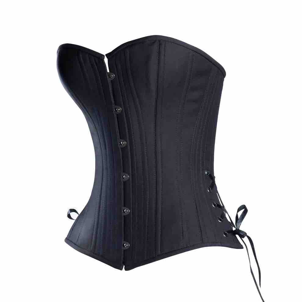The Black Cotton Cashmere Slim Corset, front and left side view.