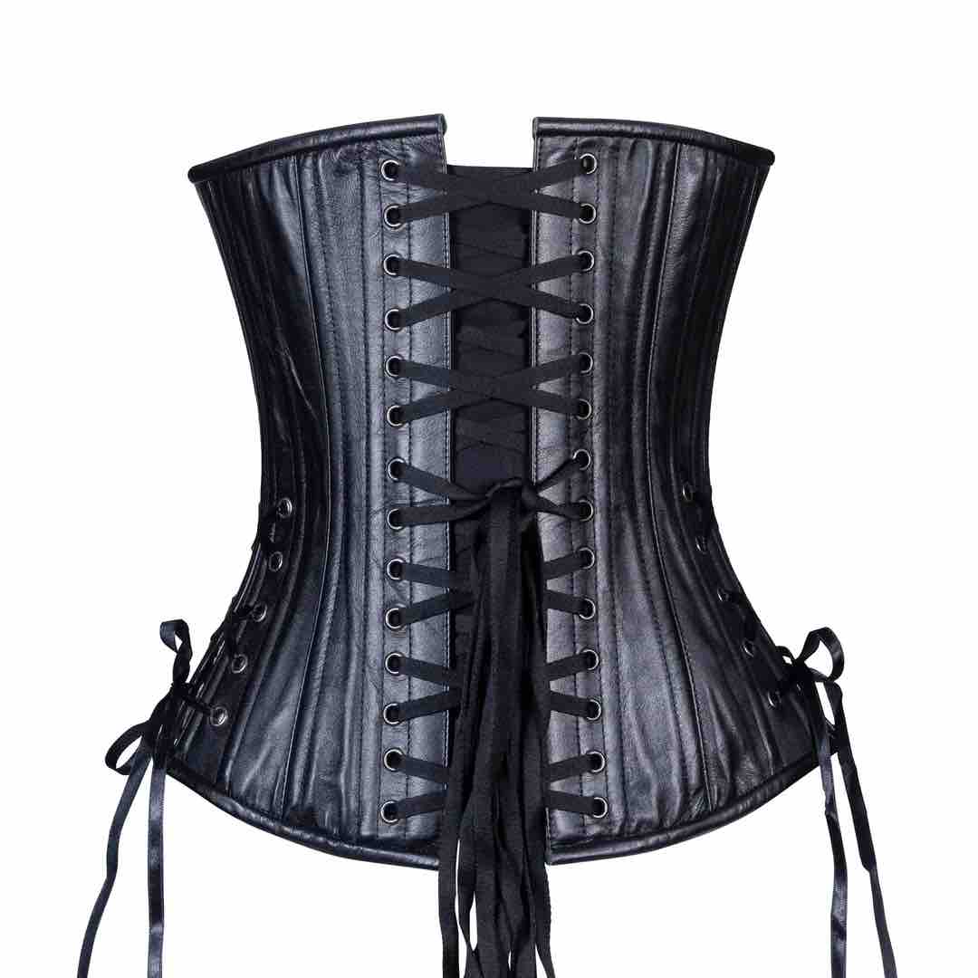 The Black Leather Short Overbust Corset -Slim, rear view.